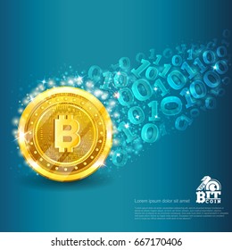 Golden bit coin with trail from binary code on blue. Abstract vector glossy business background svg