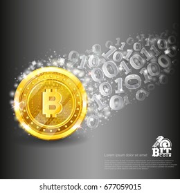 Golden bit coin with trail from binary code on silver. Abstract vector glossy business background svg