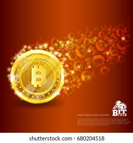 Golden bit coin with trail from binary code on brown. Abstract vector glossy business background svg
