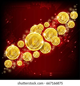 Golden bit coins flying on red background. Abstract vector glossy red background svg