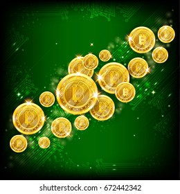 Golden bit coins flying on green square background