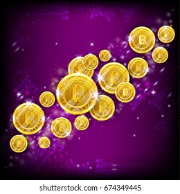 Golden bit coins flying on violet square background svg