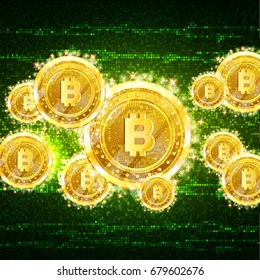 Golden bit coins flying on green information noise background