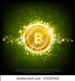 Golden bit coins with shiny sparkles in center on green glossy background svg