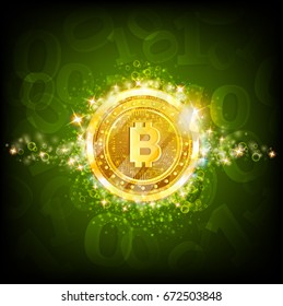 Golden bit coins with shiny sparkles in center on green glossy background with binary code svg