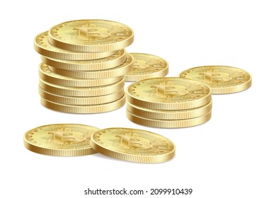 Golden bitcoin background. Bitcoin Icon for cryptocurrency, virtual currency, digital money, e cash. Bitcoin symbol for fintech network banking and blockchain. Realistic Vector 3d illustration