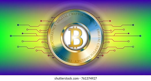 Golden bitcoin banner with futuristic technological lines. Digital Cryptocurrency. Vector. Technology style colourful background and digital money.
