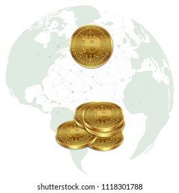 Golden bitcoin with blockchain elements in the background of the planet