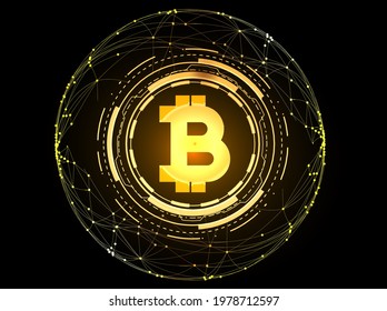 Golden Bitcoin blockchain technology isometric concept suitable for future technology banner or or cover. Isometric vector illustration
