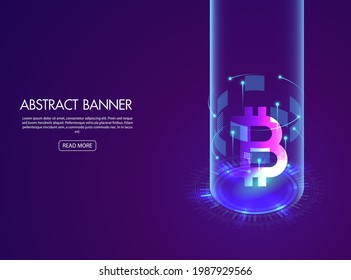 Golden Bitcoin blockchain technology isometric concept suitable for future technology banner or or cover. Isometric vector illustration
