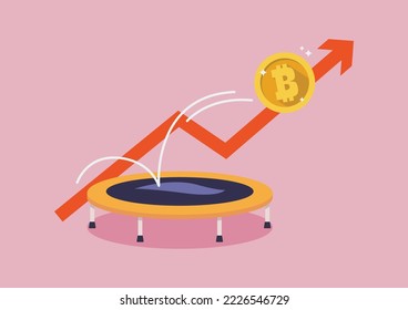 Golden bitcoin bounce back on the trampoline. Bitcoin price rebound. Vector illustration