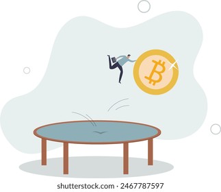 golden bitcoin bounce back on the trampoline rising up on price graph.flat vector illustration.