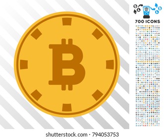 Golden Bitcoin Casino Chip pictograph with mining and blockchain additional collection. Vector style is flat yellow symbols. Bonus has 7 hundred pictographs.