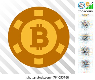 Golden Bitcoin Casino Chip pictograph with mining and blockchain bonus. Vector style is flat yellow symbols. Bonus has 7 hundred pictograms.
