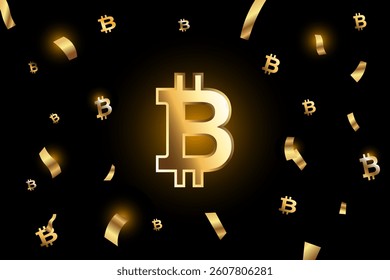 Golden bitcoin celebration confetti burst on isolated black background