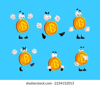 Golden Bitcoin Character with Different Emotion on Blue Background Vector Set