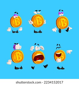 Golden Bitcoin Character with Different Emotion on Blue Background Vector Set