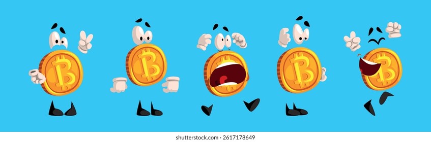 Golden Bitcoin Character with Different Emotion on Blue Background Vector Set