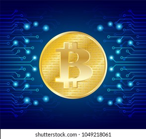 golden bitcoin with circuit board glow light dark blue background.vector illustration.