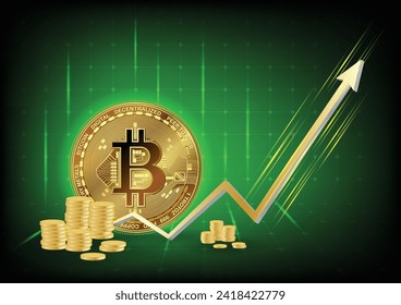 Golden bitcoin with  circuit patterns surface. Gradient background deep green. Add a more complex rising graph pattern on the right side of the Bitcoin, which indicates an increase in Bitcoin's value. svg