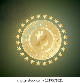 Golden bitcoin coin with chain, stars and name around. Crypto currency golden coin bitcoin symbol icon on textural dark green background. Realistic vector illustration.