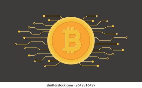 Golden Bitcoin coin with circuit board elements, symbolizing digital currency, blockchain technology, and decentralized finance innovation. Ideal for fintech and crypto-related content.