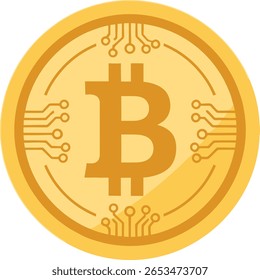 Uma Bitcoin dourada com detalhes da placa de circuito é exibida.