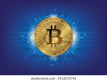 Golden bitcoin coin with circuit electric line, flash, blue light glowing lights. Bitcoin halving concept. Cryptocurrency vector,illustration on background.