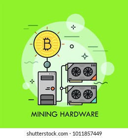 Golden Bitcoin coin connected to computer power supply unit. Concept of cryptocurrency mining farm, hardware or equipment. Modern vector illustration in thin line style for web banner, website.