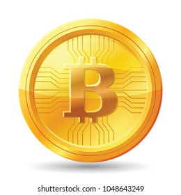Golden bitcoin coin. Crypto currency golden coin bitcoin symbol isolated on transparent background. Realistic vector illustration.