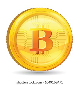 Golden bitcoin coin. Crypto currency golden coin bitcoin symbol isolated on transparent background. Realistic vector illustration.
