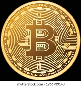 Golden bitcoin coin. Crypto currency isolated on black background.Graphic vector