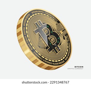 Golden Bitcoin coin or crypto currency coin and there is a trading number of the exchange trading board on the letter B ,vector 3d isolated on white background for financial advertising design