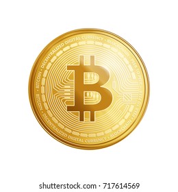 Golden bitcoin coin. Crypto currency golden coin bitcoin symbol isolated on white background. Realistic vector illustration.