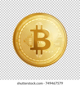 Golden bitcoin coin. Crypto currency golden coin bitcoin symbol isolated on transparent background. Realistic vector illustration.