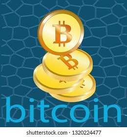 Golden bitcoin coin. Cryptocurrency golden coin bitcoin symbol, vector illustration.