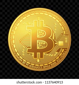 Golden bitcoin coin isolated on dark background. Vector illustration