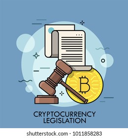 Golden bitcoin coin, paper sheet with text and gavel. Concept of cryptocurrency legislation, digital currency law regulation and legislative control. Vector illustration for web banner, website.