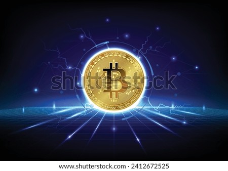 Golden Bitcoin coin, surrounded by a digital aura. Creating a glowing effect, reflective surface on dark blue digital grid with a network connecting lines and dots, electric blue lightning bolts.