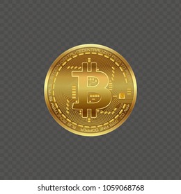Golden bitcoin coin symbol on transparent background. Vector.