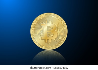 Moneda de bitcoin dorada. Símbolo de oro cripto vectorial sobre fondo azul. Tecnología de cadena de bloqueo