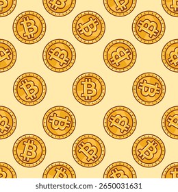 Moedas Bitcoin dourado padrão infinito sem costura em fundo amarelo brilhante. Motivo de fundo criptomoeda digital.