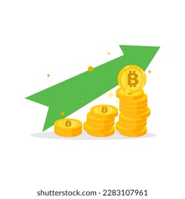 golden bitcoin coins stack and up arrow. Flat vector icon isolated on white. Economy, finance, money symbol. Currency pictogram. Vector illustration. decrease