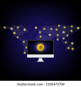 Golden bitcoin in computer and blue world map pixel background. technology digital Data connection business finance international concept. Easy editable layered vector illustration