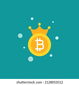 Golden bitcoin with crown. Flat icon isolated on blue. Online paying pictogram. Vector illustration. Crypto currency, virtual electronic, internet money. Currency value, king, business winner, best.
