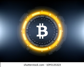 Golden Bitcoin cryprocurrency futuristic vector illustration. Worldwide digital money technology