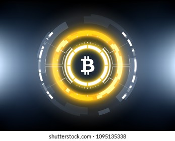 Golden Bitcoin cryprocurrency futuristic vector illustration. Worldwide digital money technology