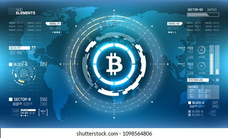 Golden Bitcoin cryprocurrency futuristic vector illustration. Worldwide digital money technology