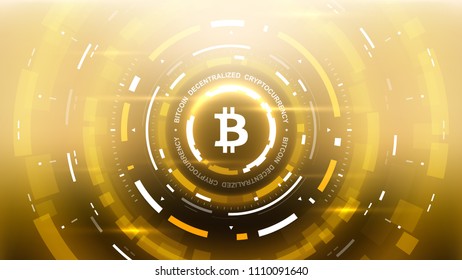 Golden bitcoin cryprocurrency futuristic vector illustration for background, HUD, graphic user interface, banner, business and finance infographics and more. Worldwide digital money blockchain system