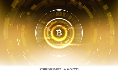 Golden bitcoin cryprocurrency futuristic vector illustration for background, HUD, graphic user interface, banner, business and finance infographics and more. Worldwide digital money blockchain system